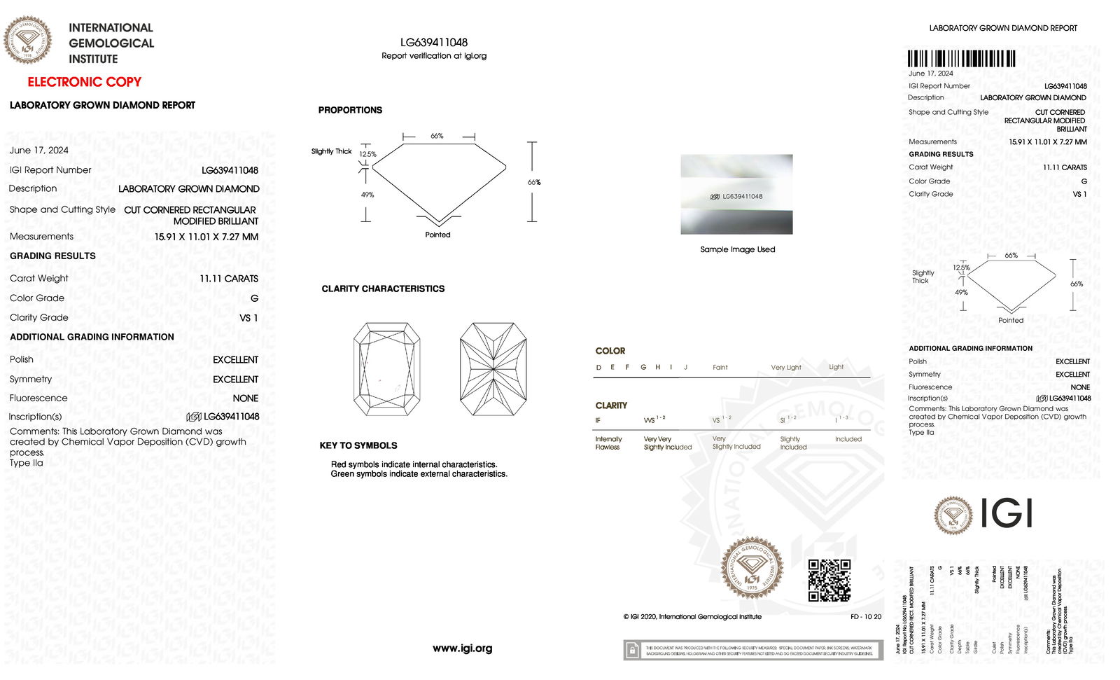 Certificate of diamond 11.11 Carat Radiant Diamond
