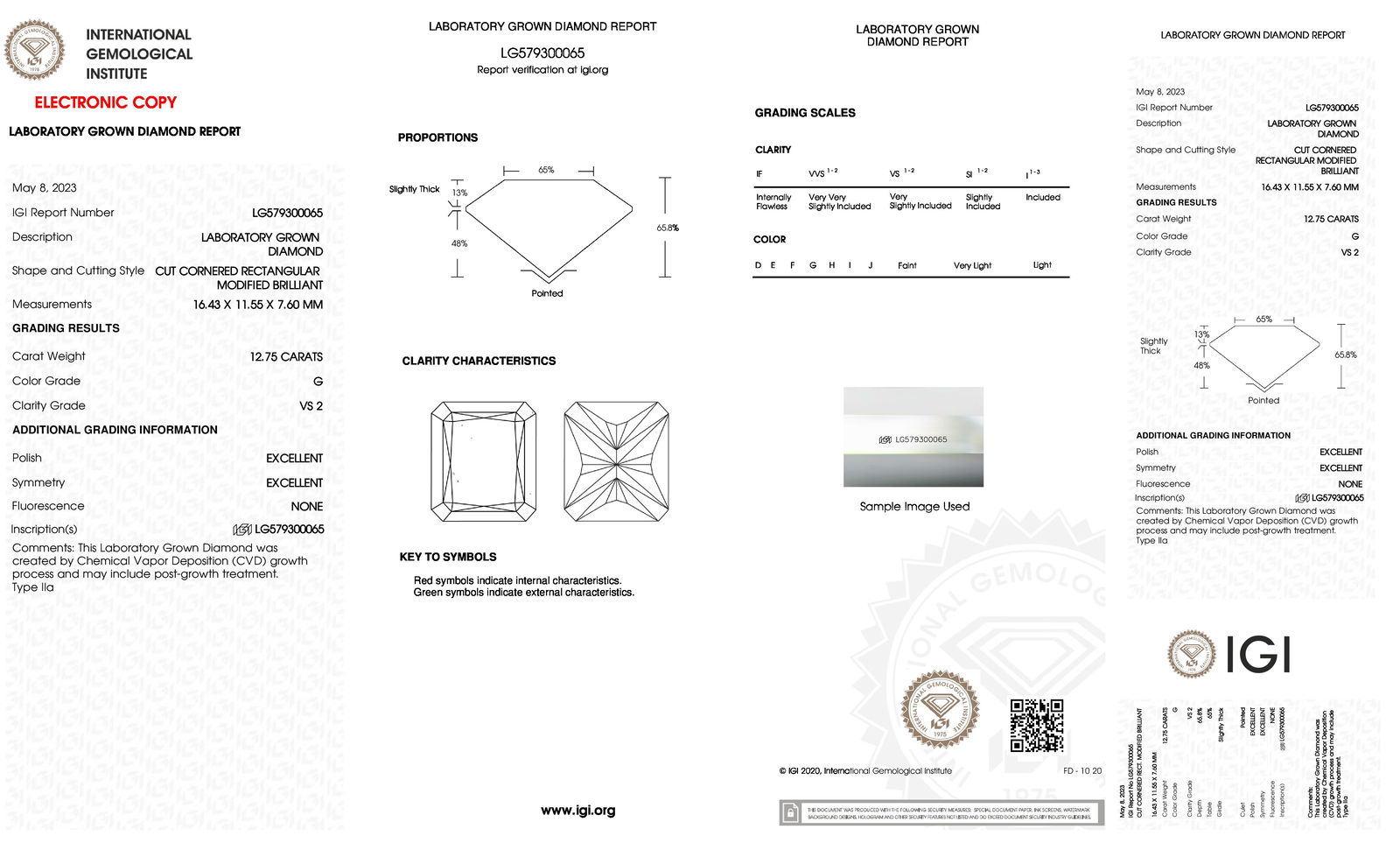 Certificate of diamond 12.75 Carat Radiant Diamond