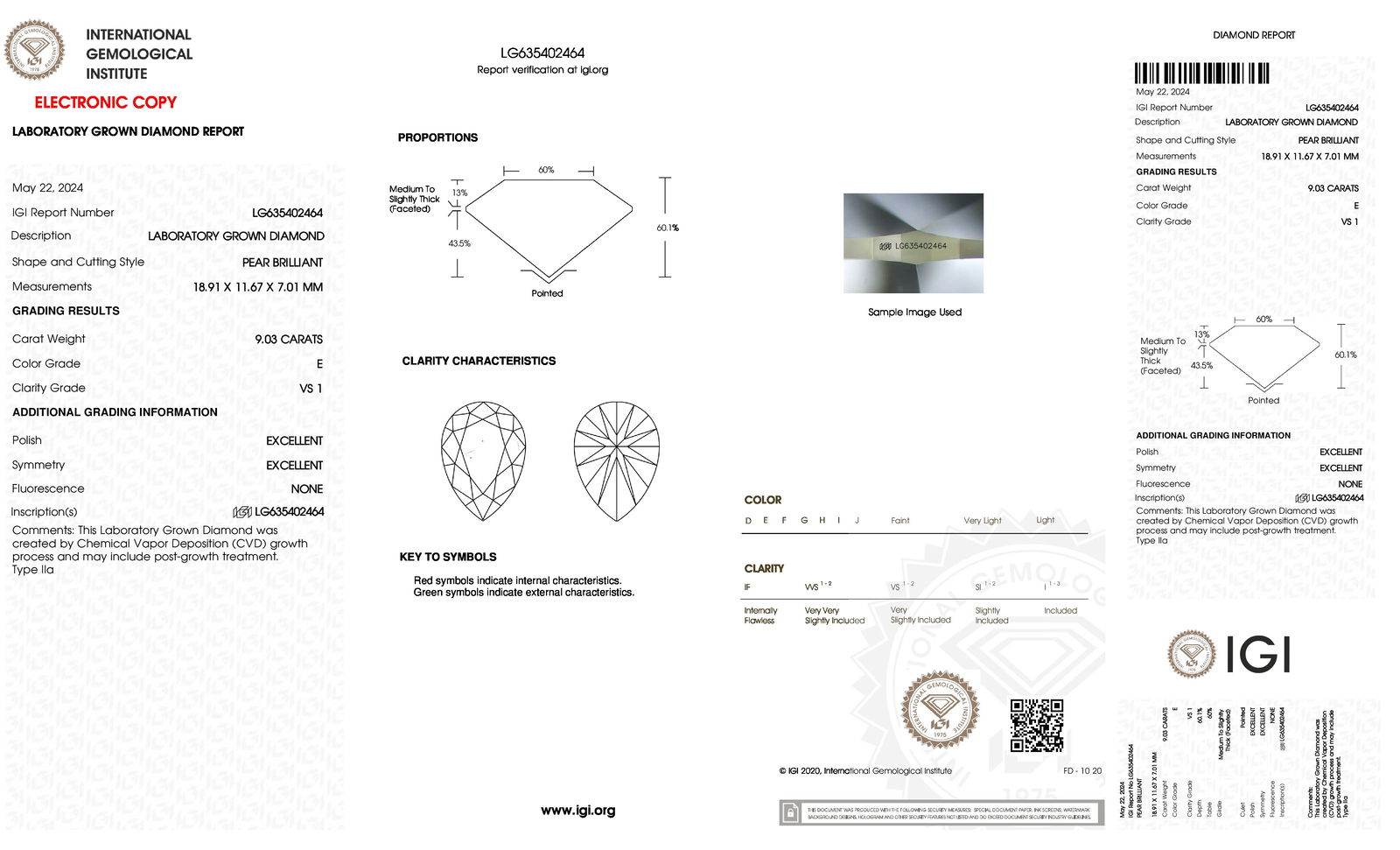 Certificate of diamond 9.03 Carat Pear Diamond