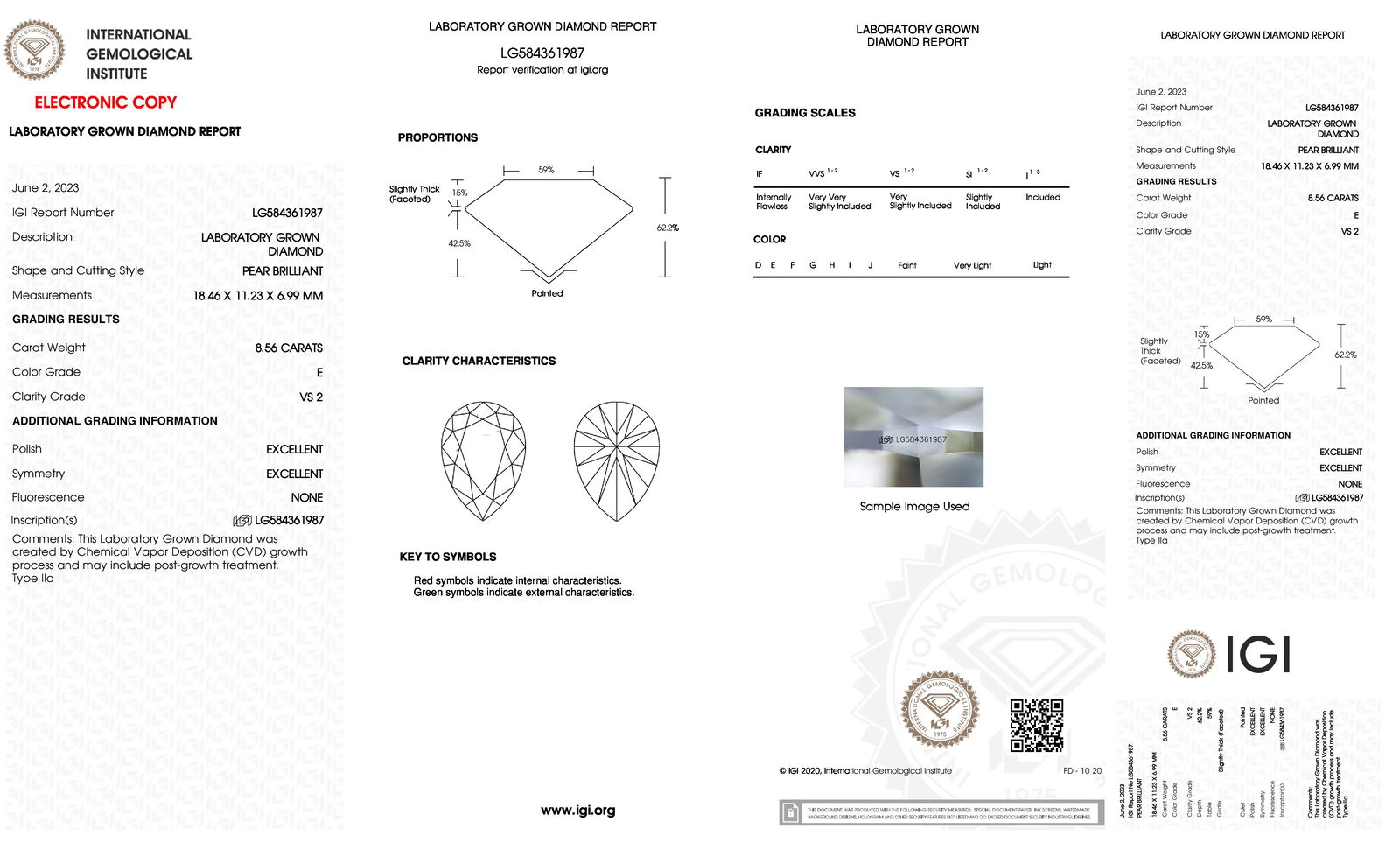 Certificate of diamond 8.56 Carat Pear Diamond