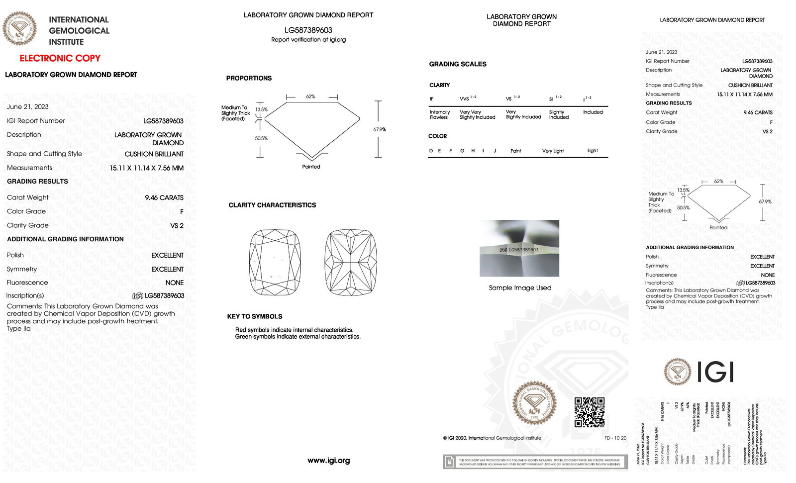 Certificate of diamond 9.46 Carat Cushion Diamond