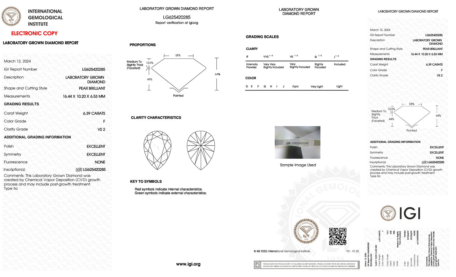 Certificate of diamond 6.39 Carat Pear Diamond