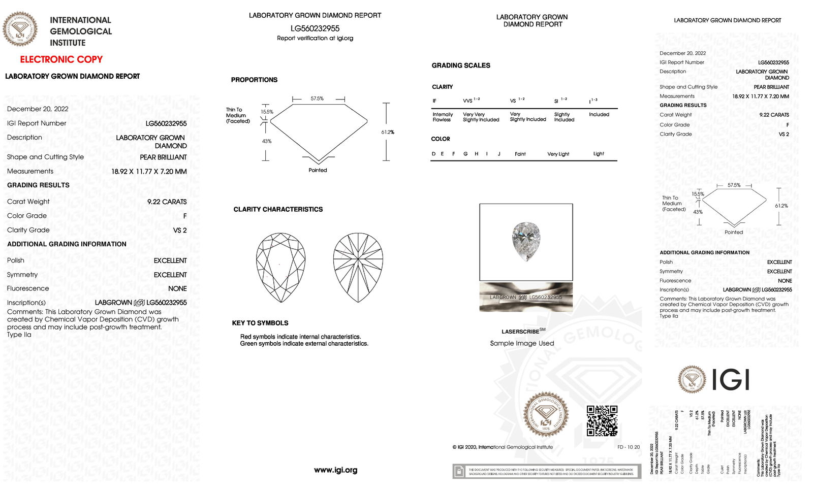 Certificate of diamond 9.22 Carat Pear Diamond