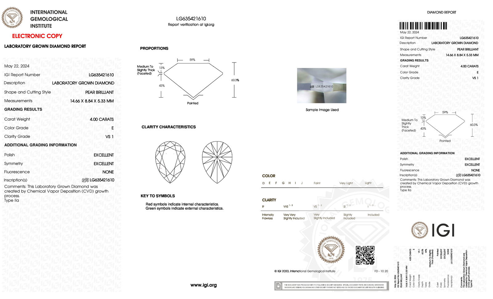 Certificate of diamond 4 Carat Pear Diamond