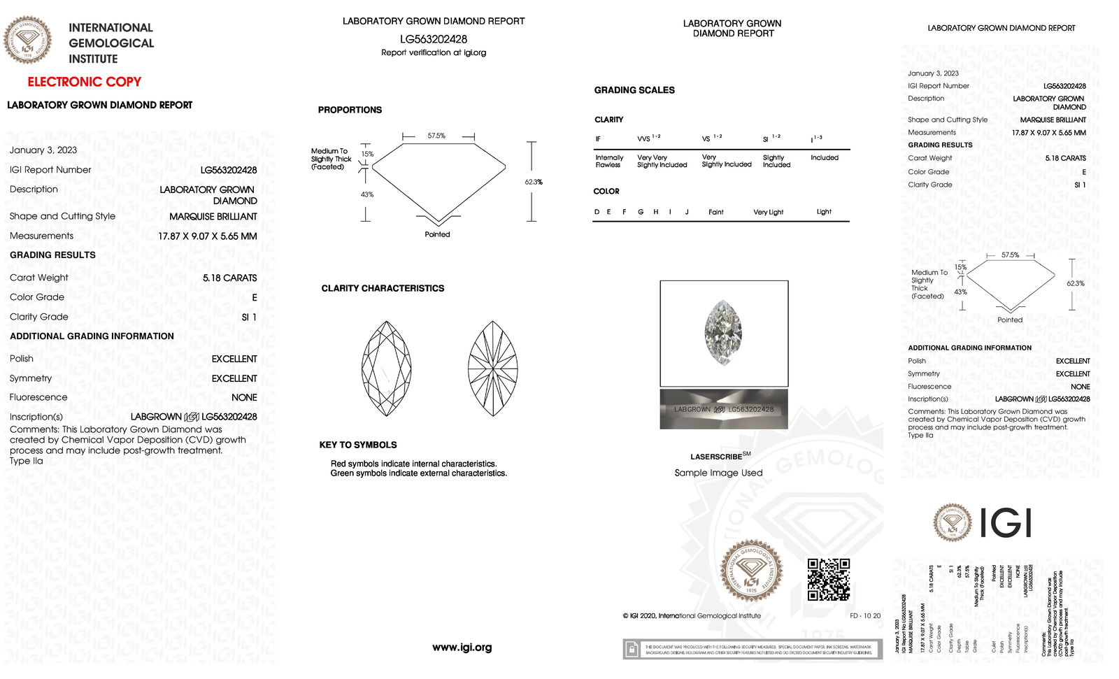 Certificate of diamond 5.18 Carat Marquise Diamond