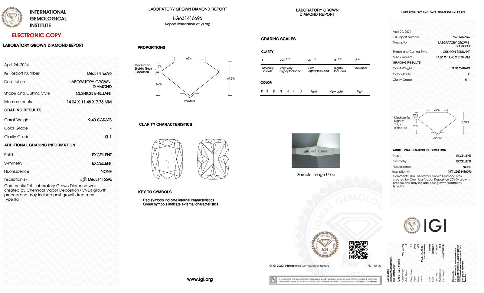 Certificate of diamond 9.4 Carat Cushion Diamond