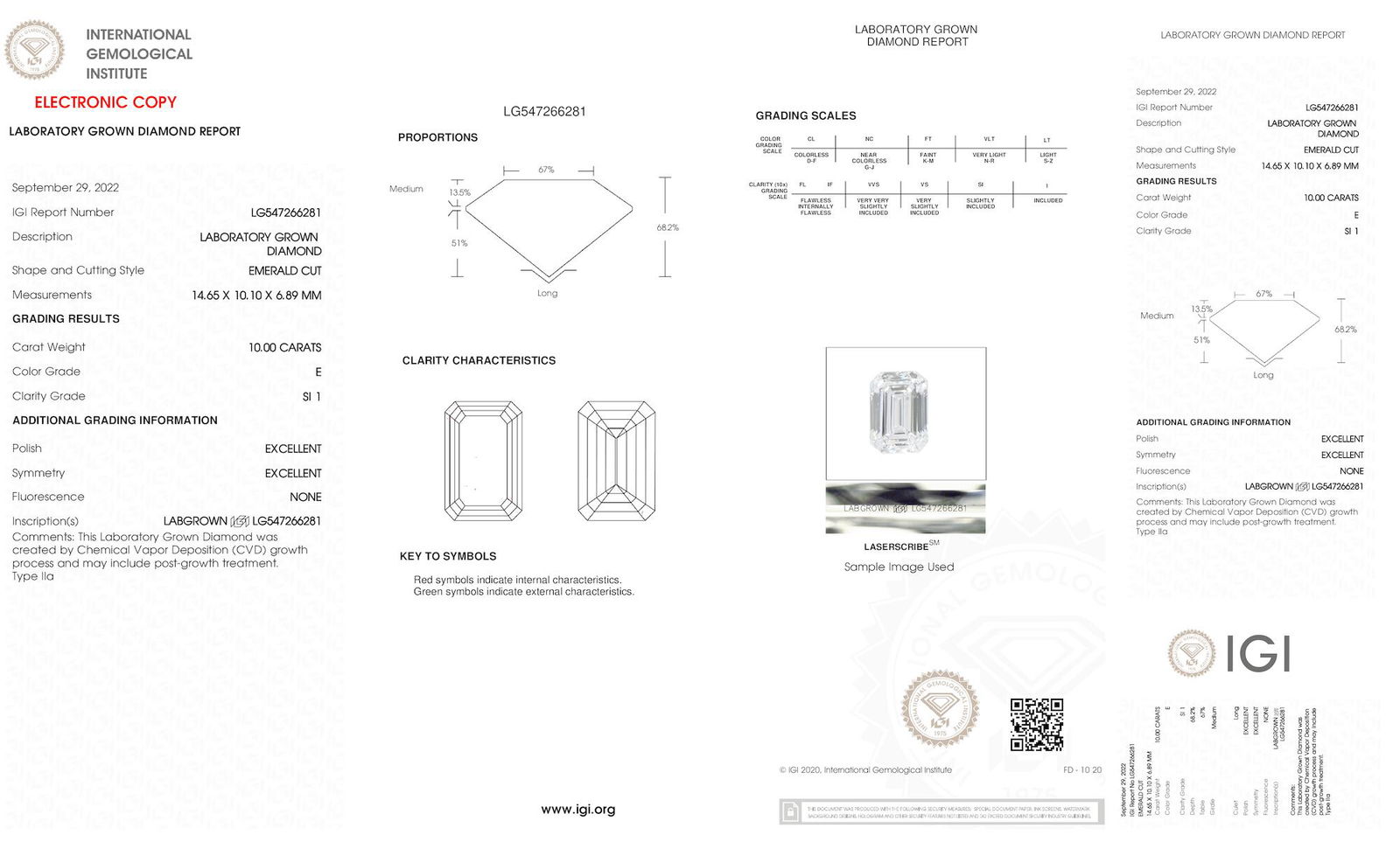 Certificate of diamond 10 Carat Emerald Diamond