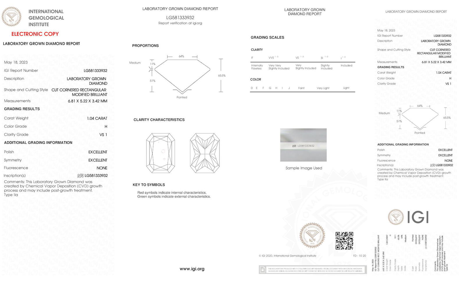 Certificate of diamond 1.04 Carat Radiant Diamond