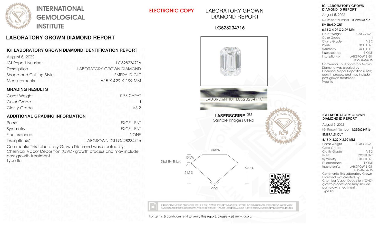Certificate of diamond 0.78 Carat Emerald Diamond