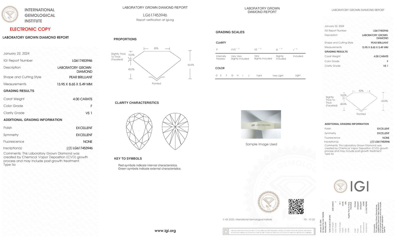 Certificate of diamond 4 Carat Pear Diamond