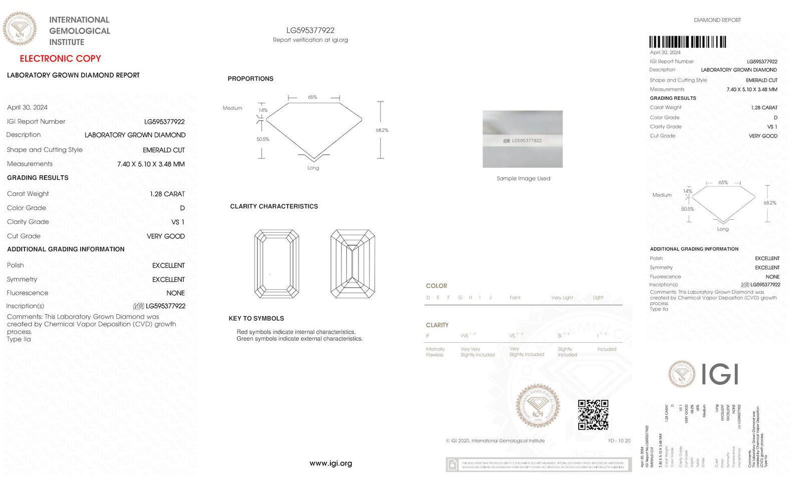 Certificate of diamond 1.28 Carat Emerald Diamond