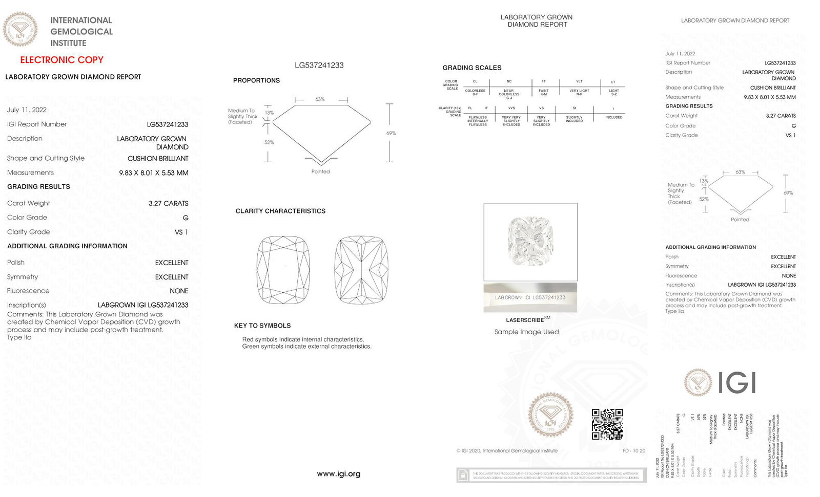 Certificate of diamond 3.27 Carat Cushion Diamond