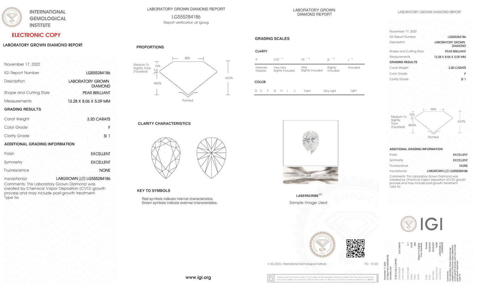 Certificate of diamond 3.2 Carat Pear Diamond