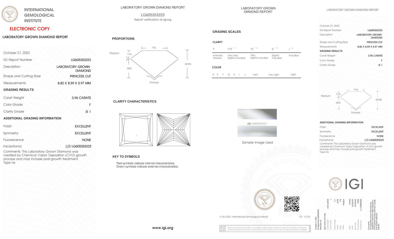 Certificate of diamond 3.96 Carat Princess Diamond