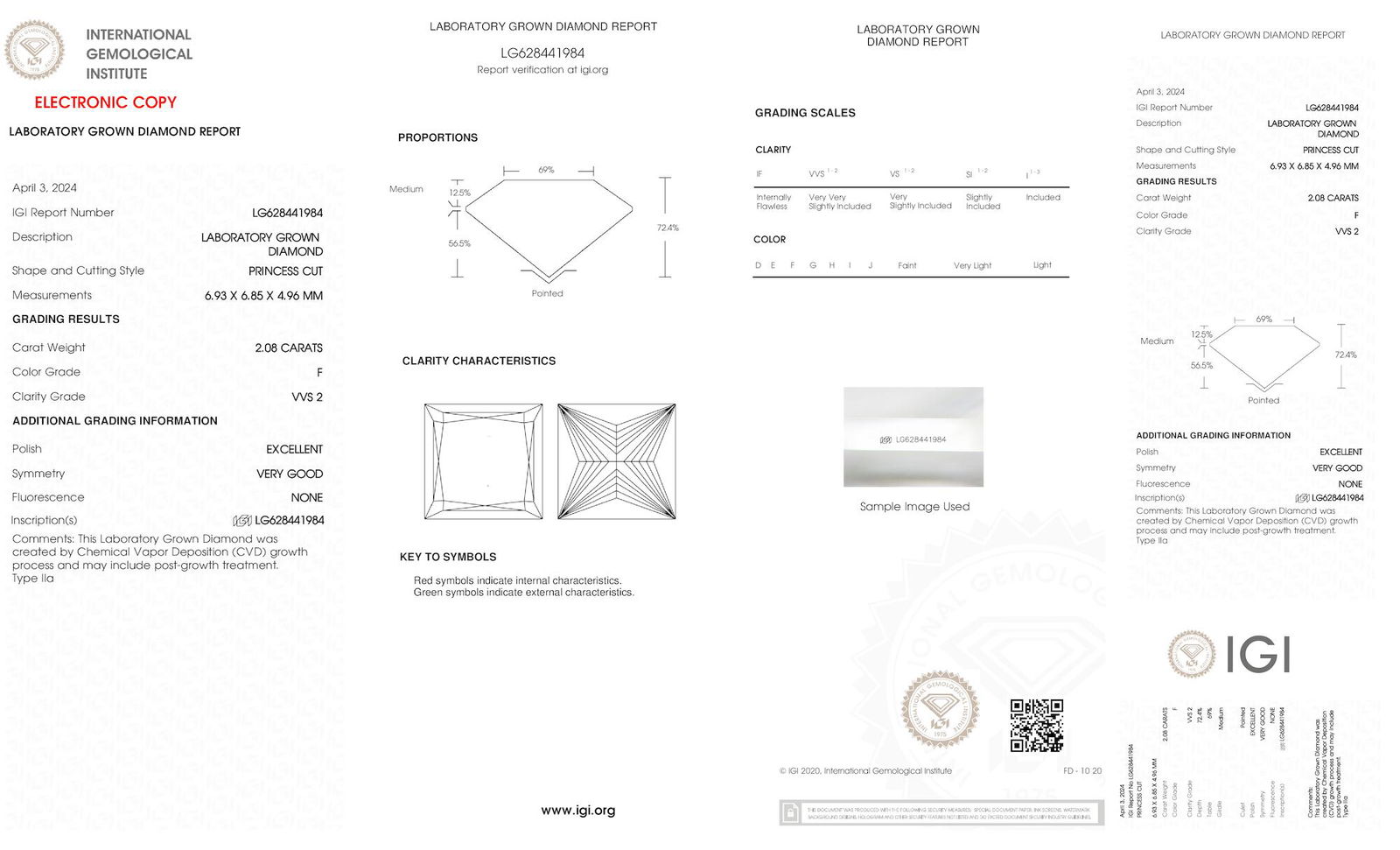 Certificate of diamond 2.08 Carat Princess Diamond