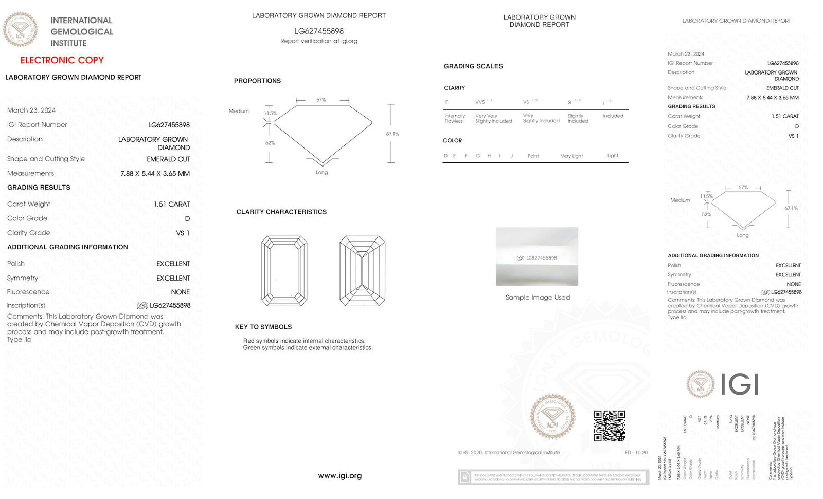 Certificate of diamond 1.51 Carat Emerald Diamond