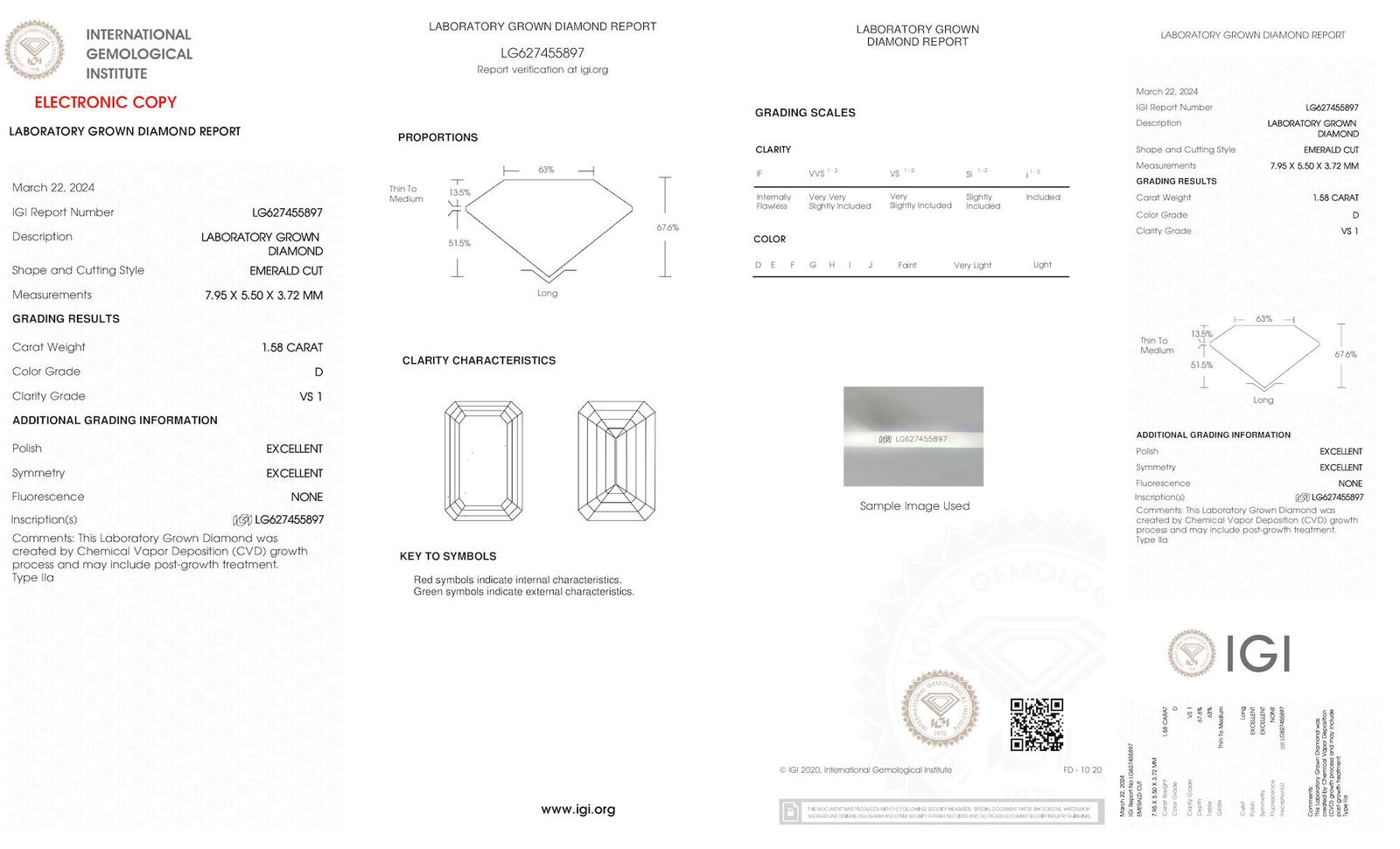 Certificate of diamond 1.58 Carat Emerald Diamond