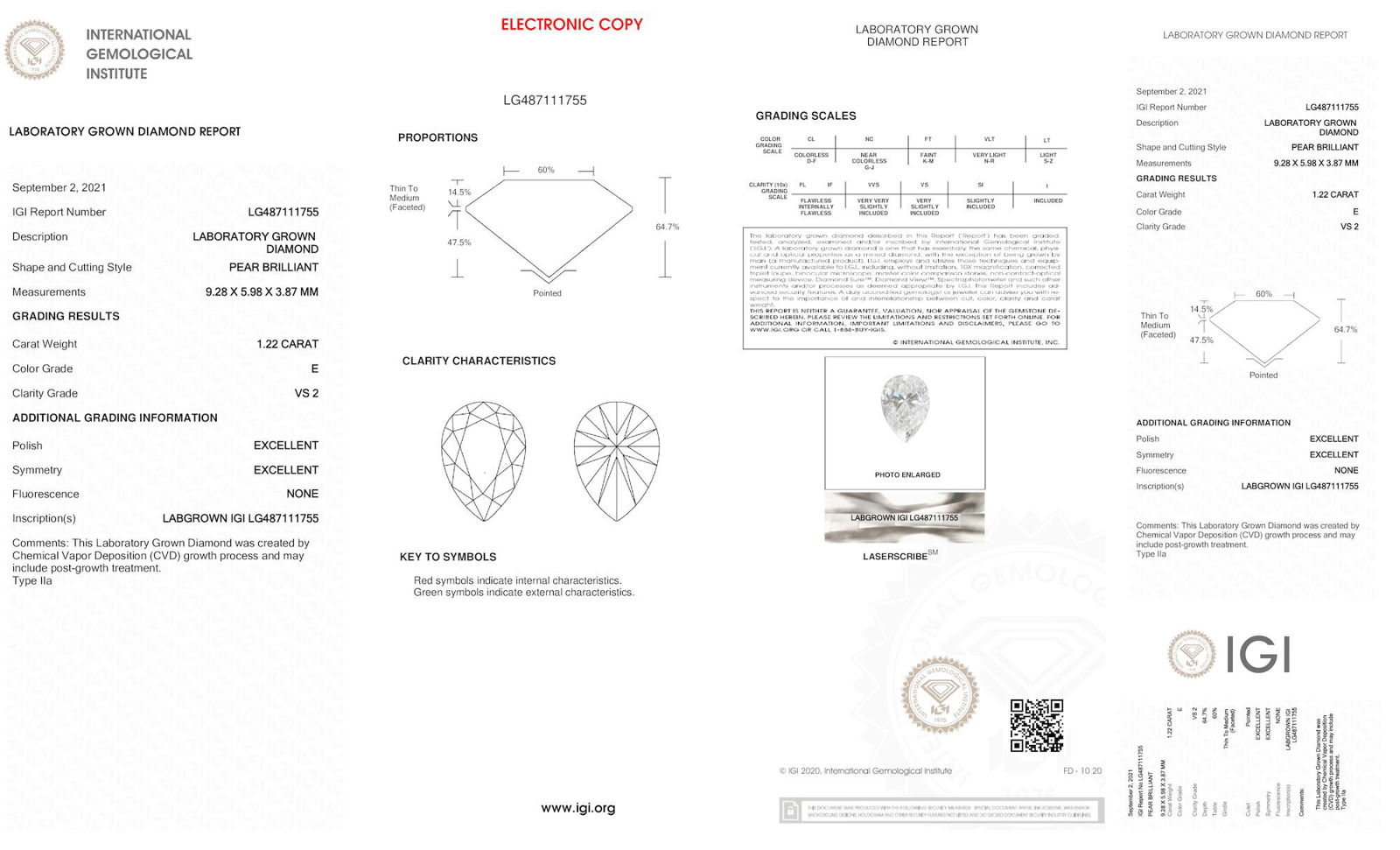 Certificate of diamond 1.22 Carat Pear Diamond