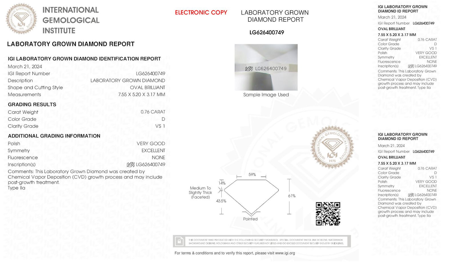 Certificate of diamond 0.76 Carat Oval Diamond
