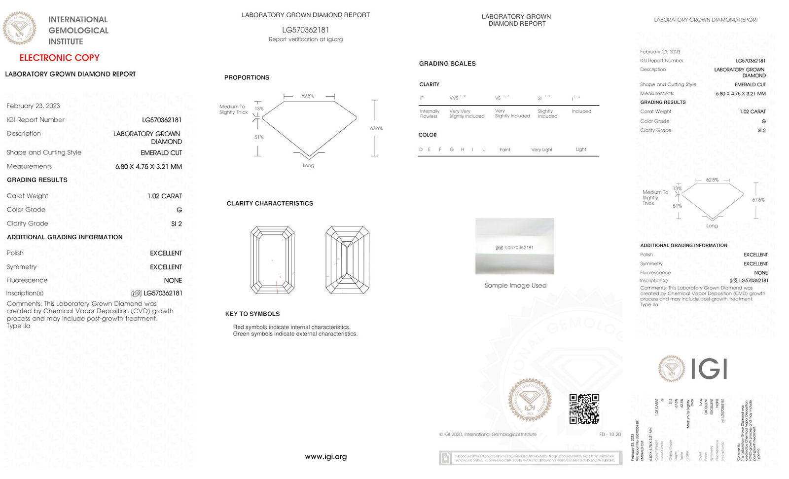 Certificate of diamond 1.02 Carat Emerald Diamond