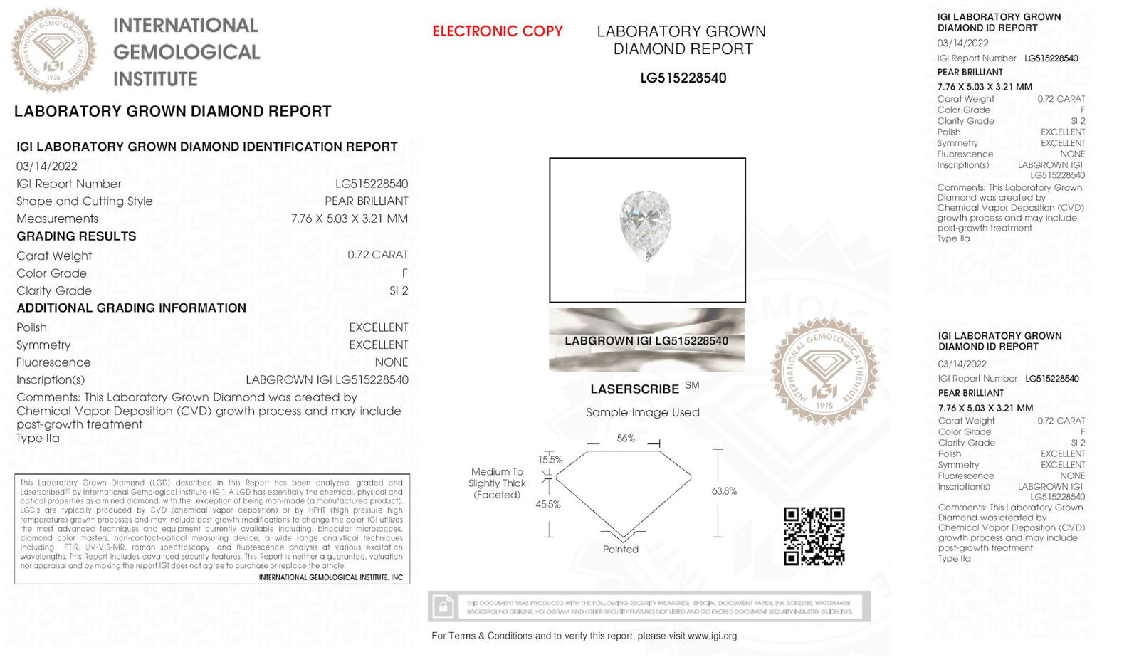 Certificate of diamond 0.72 Carat Pear Diamond