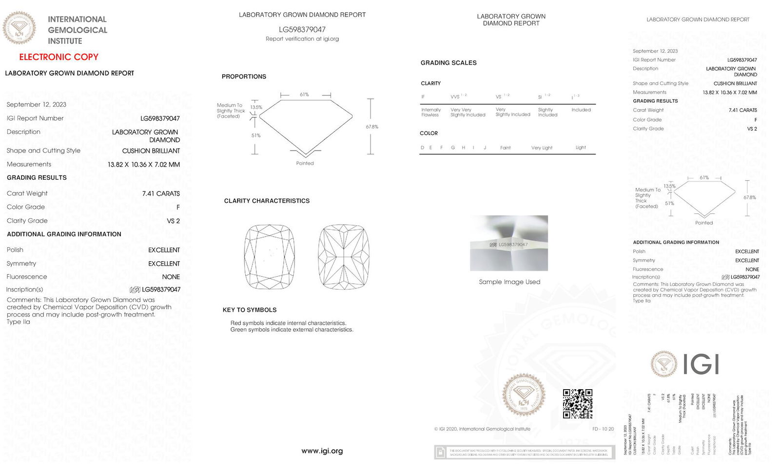 Certificate of diamond 7.41 Carat Cushion Diamond