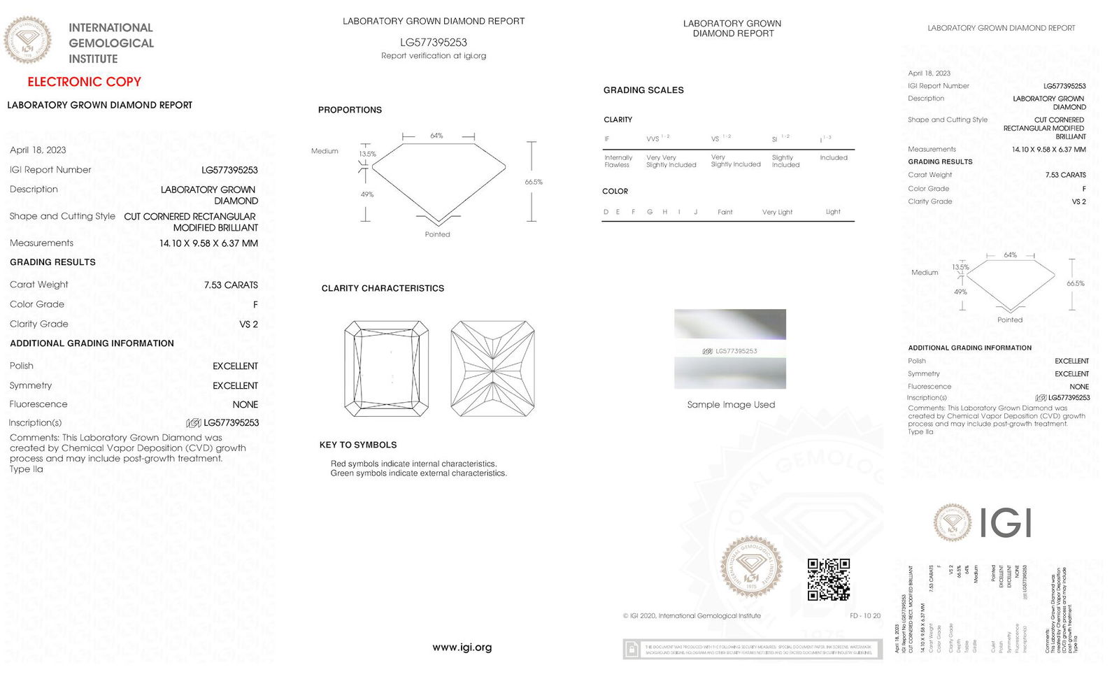 Certificate of diamond 7.53 Carat Radiant Diamond
