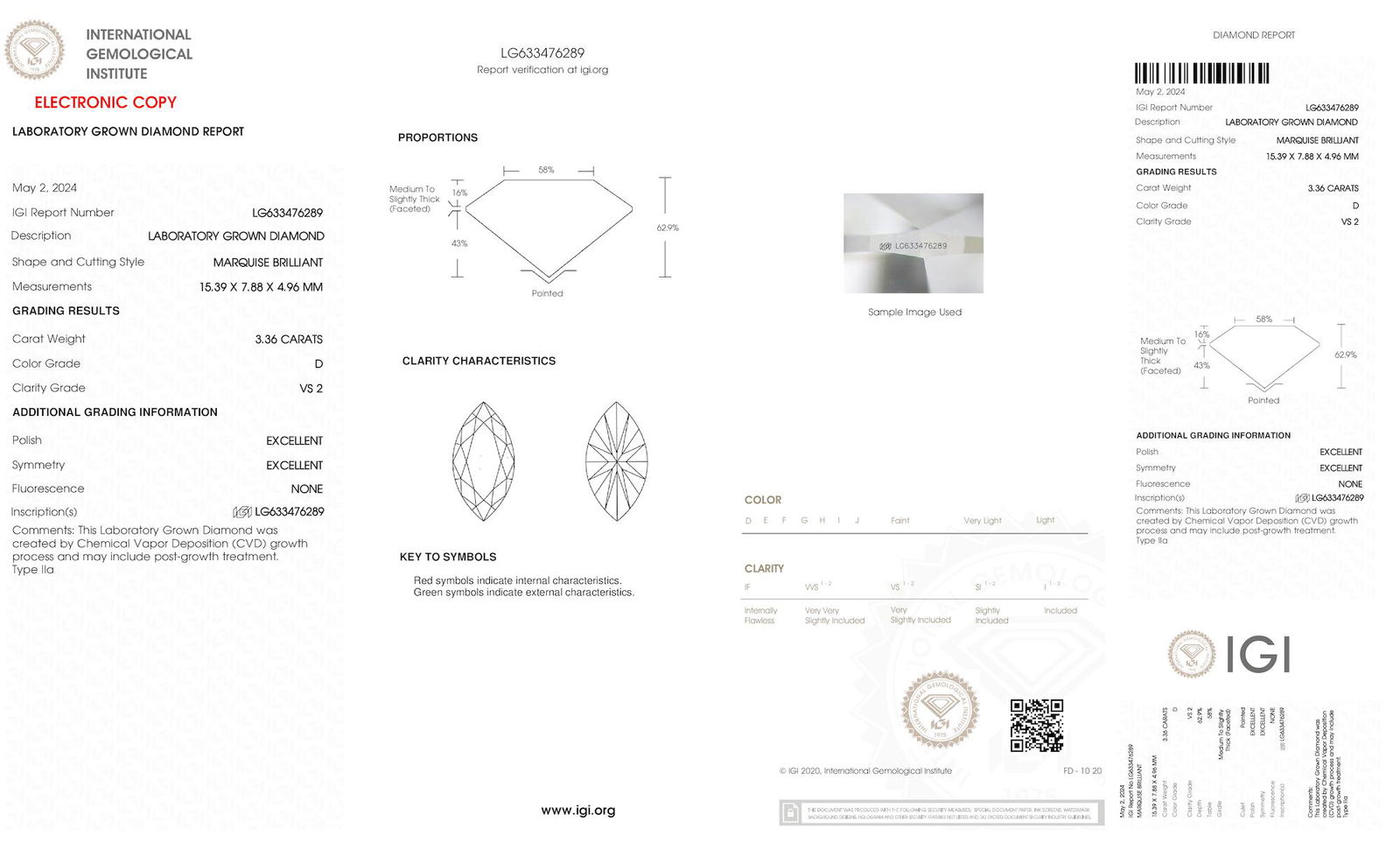 Certificate of diamond 3.36 Carat Marquise Diamond