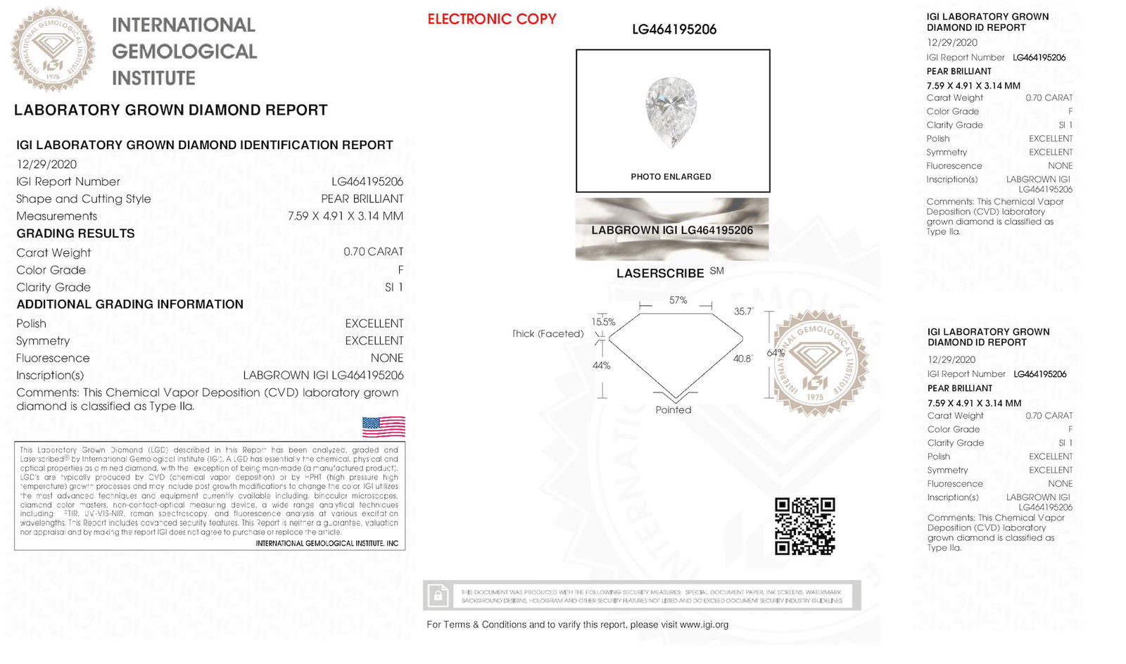 Certificate of diamond 0.7 Carat Pear Diamond