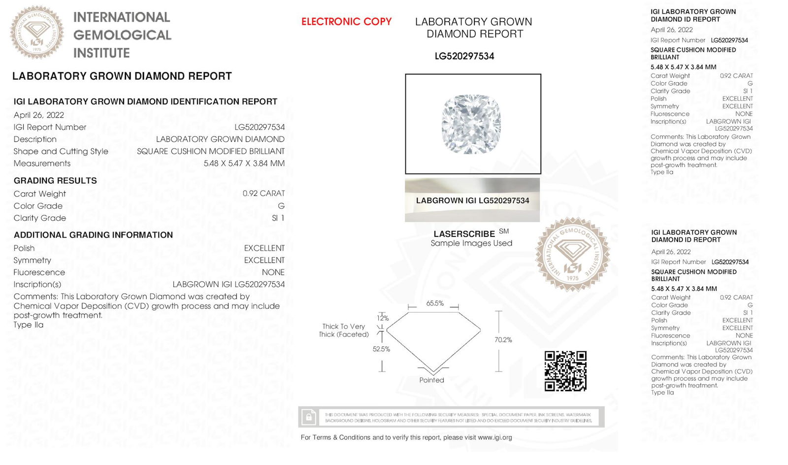Certificate of diamond 0.92 Carat Cushion Diamond