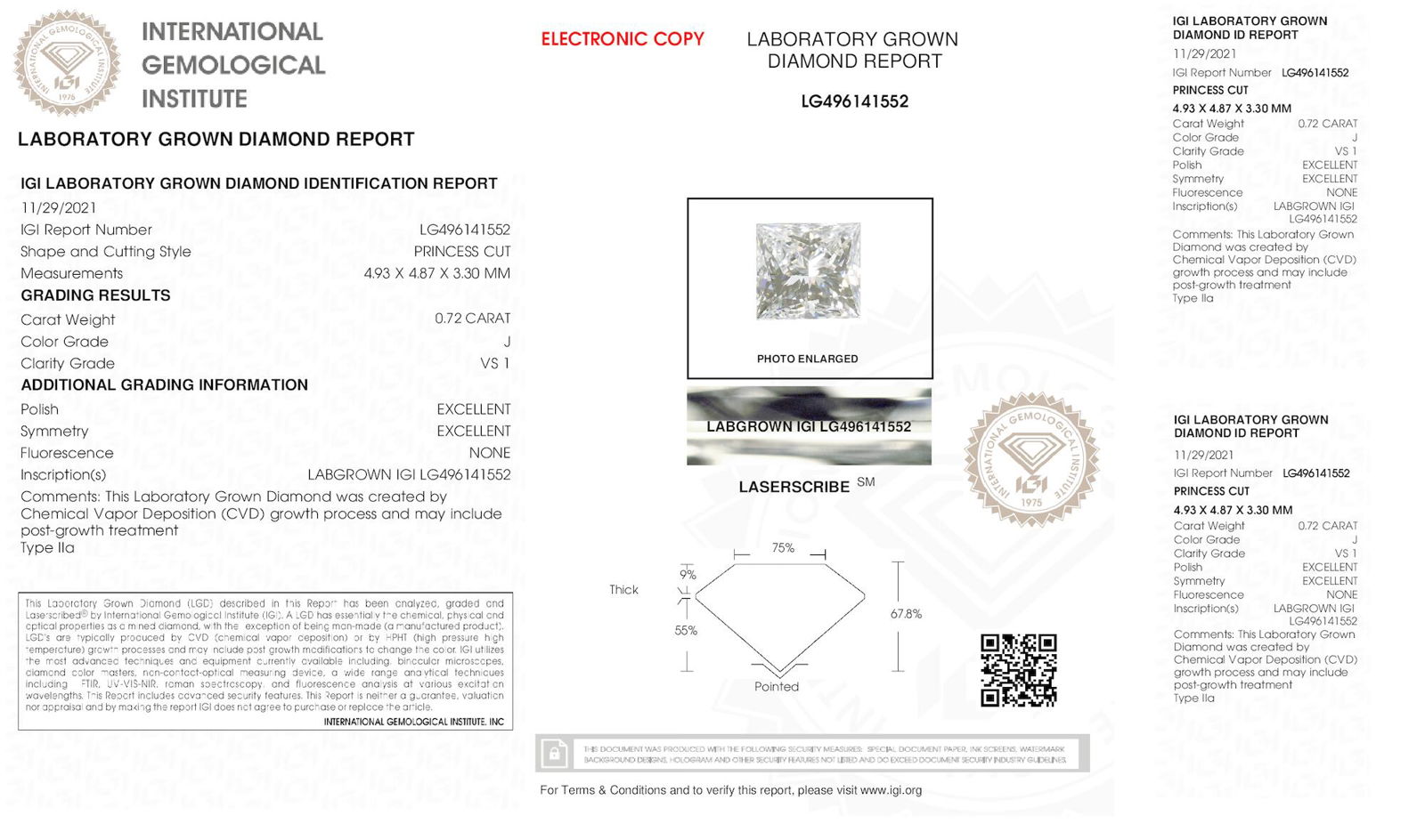 Certificate of diamond 0.72 Carat Princess Diamond