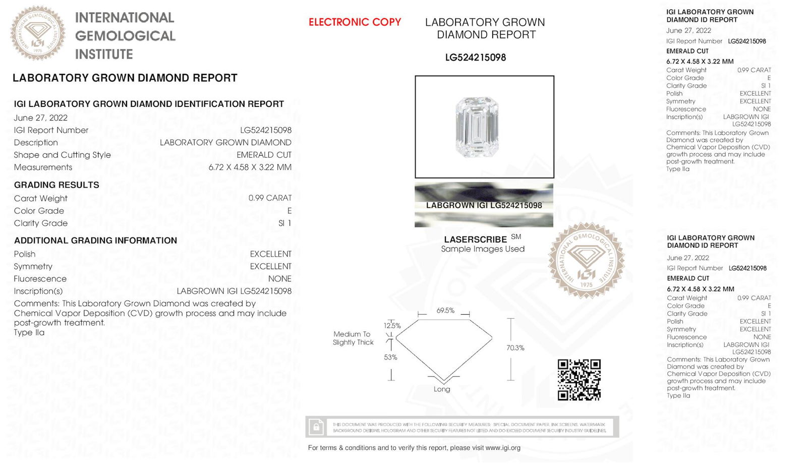 Certificate of diamond 0.99 Carat Emerald Diamond