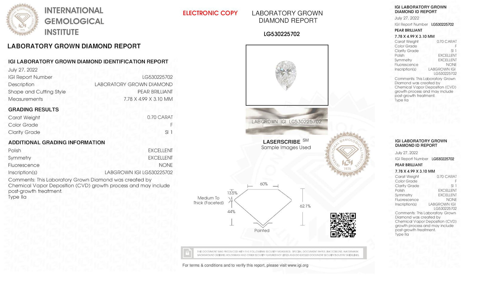 Certificate of diamond 0.7 Carat Pear Diamond