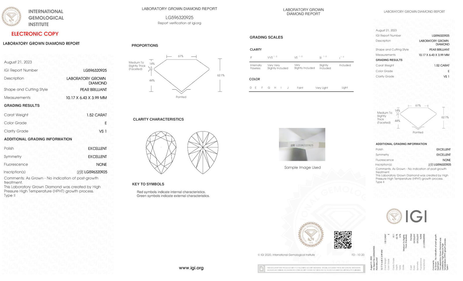 Certificate of diamond 1.52 Carat Pear Diamond