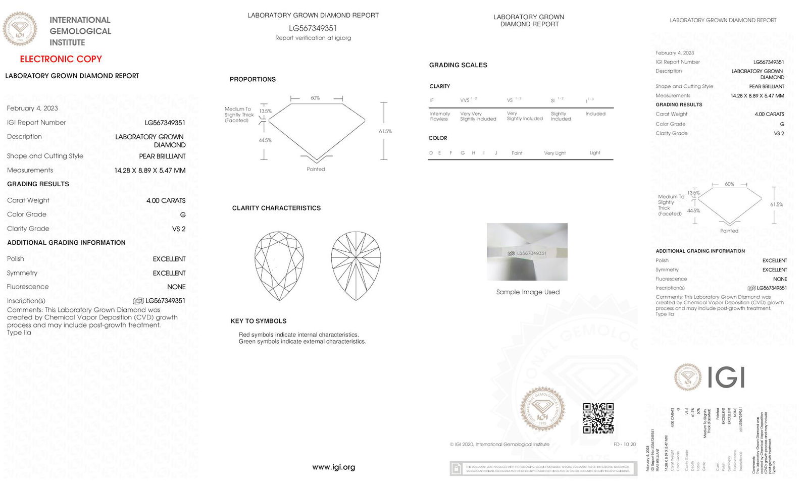 Certificate of diamond 4 Carat Pear Diamond