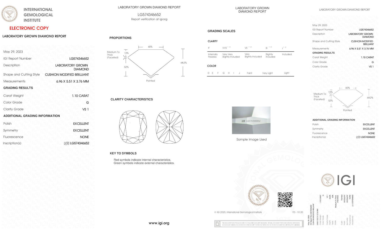 Certificate of diamond 1.1 Carat Cushion Diamond
