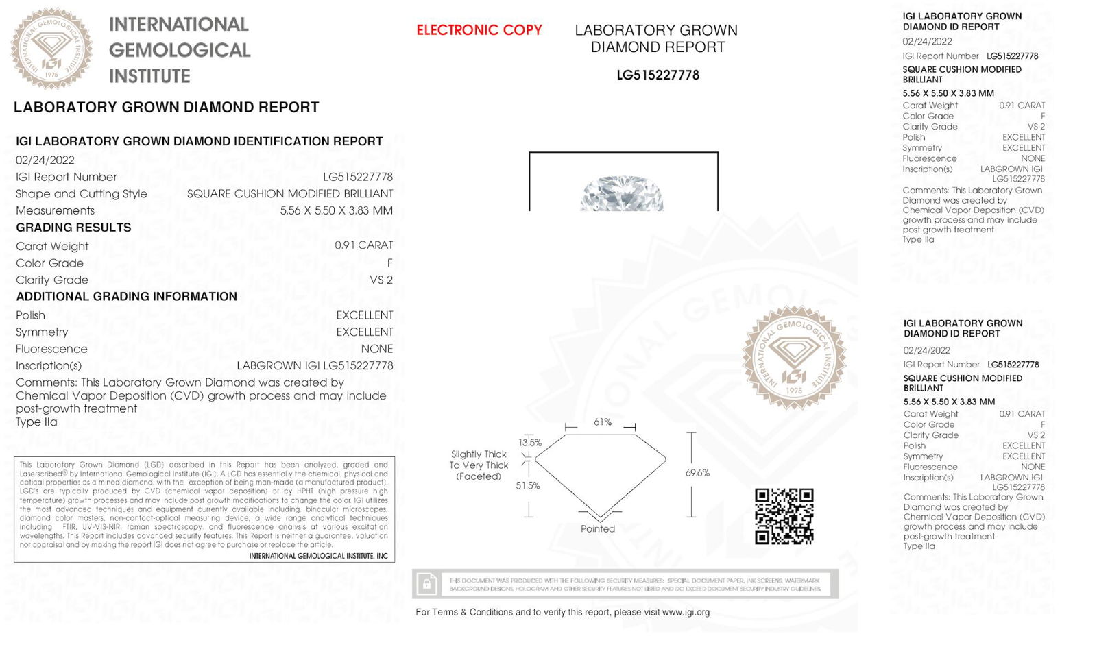 Certificate of diamond 0.91 Carat Cushion Diamond