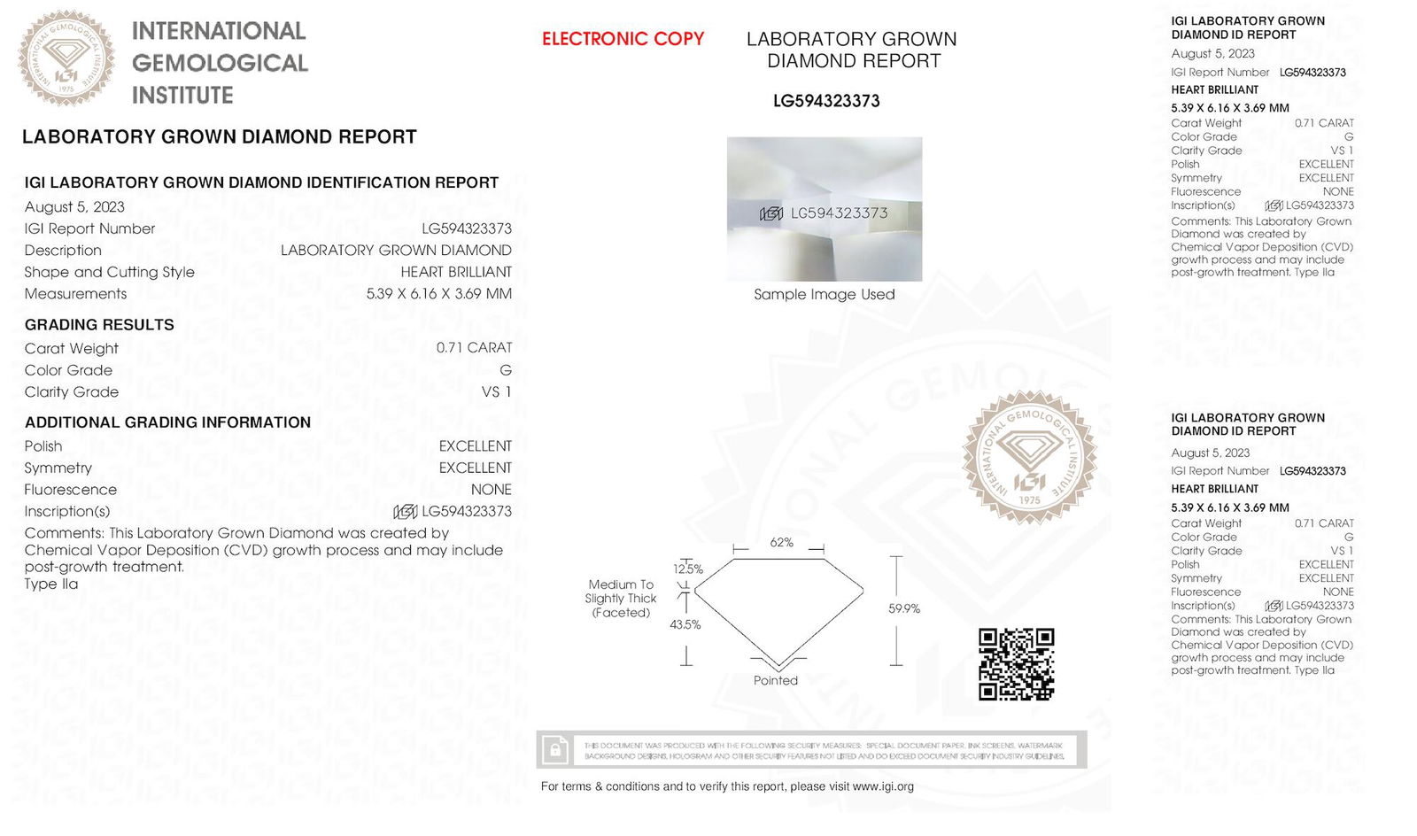 Certificate of diamond 0.71 Carat Heart Diamond