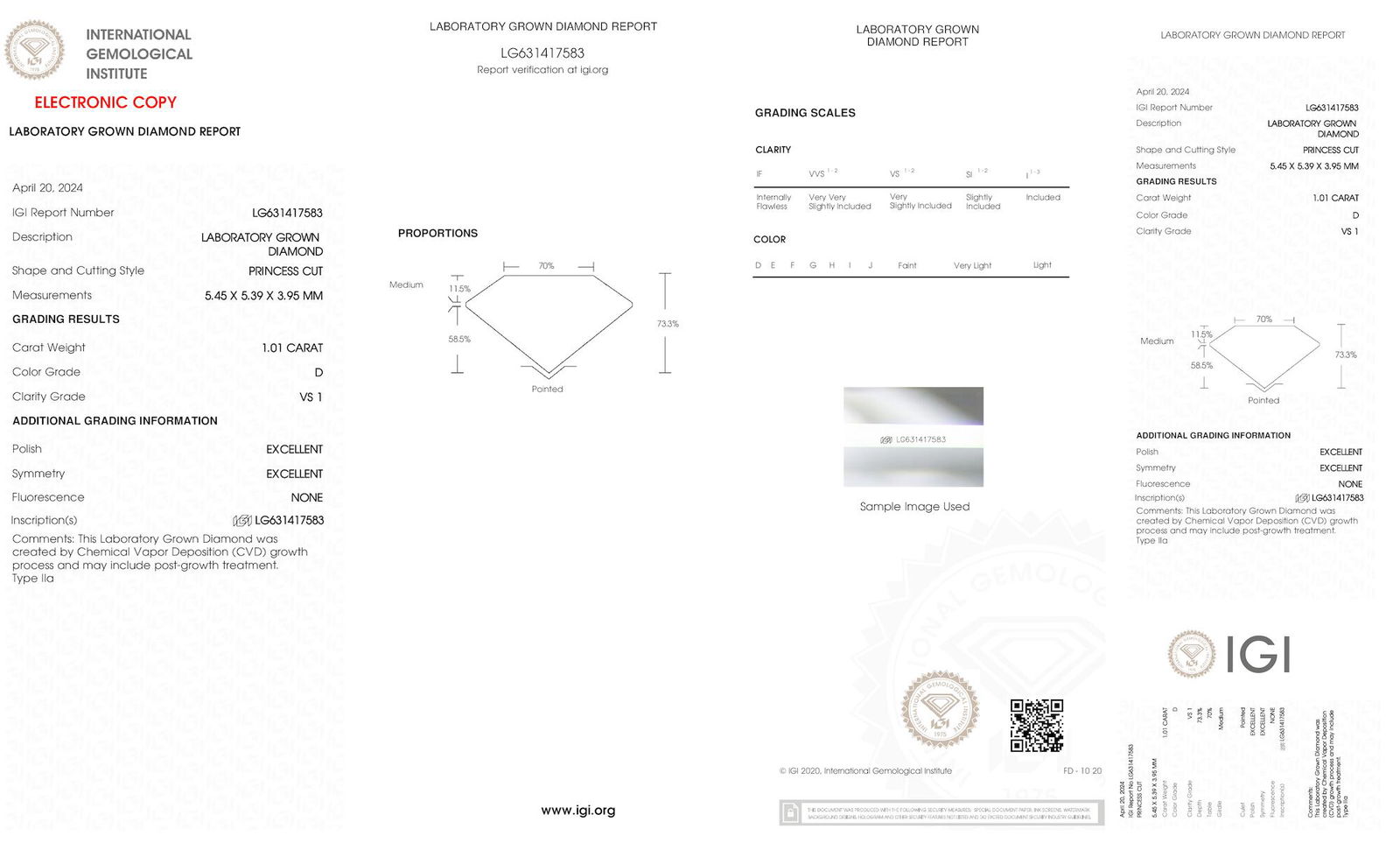 Certificate of diamond 1.01 Carat Princess Diamond
