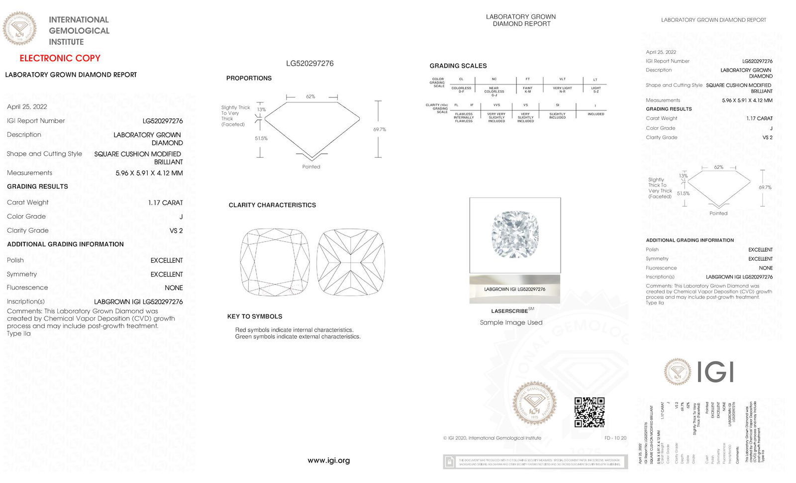 Certificate of diamond 1.17 Carat Cushion Diamond
