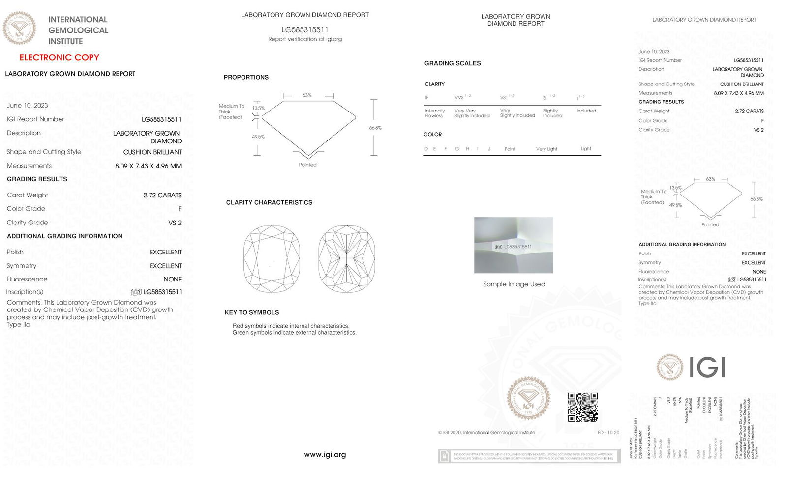 Certificate of diamond 2.72 Carat Cushion Diamond