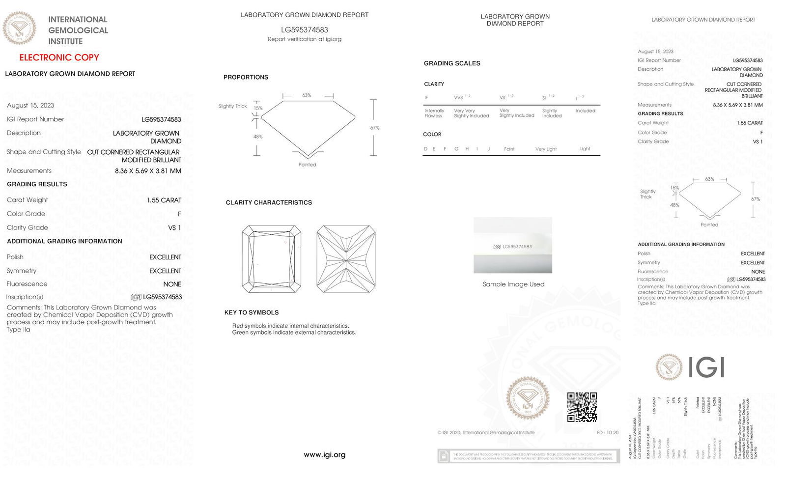 Certificate of diamond 1.55 Carat Radiant Diamond