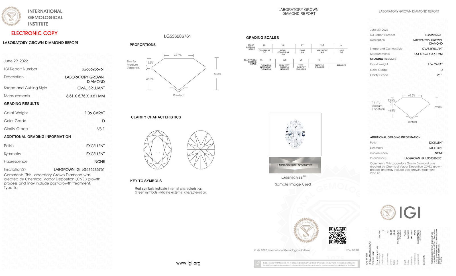 Certificate of diamond 1.06 Carat Oval Diamond