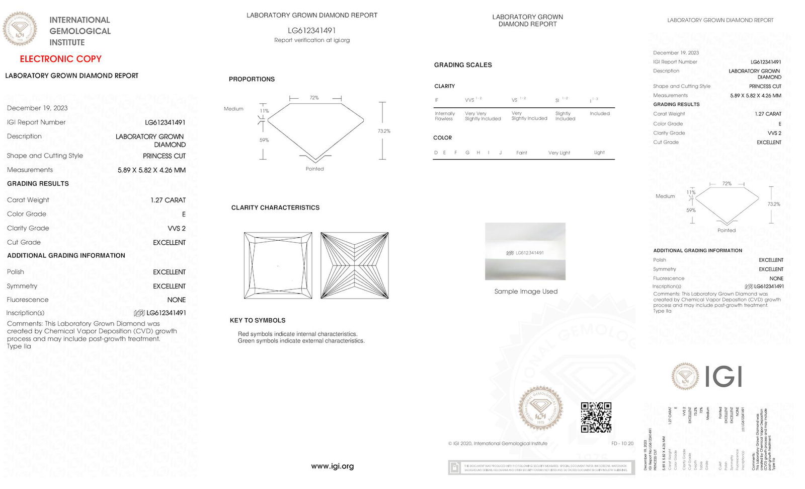 Certificate of diamond 1.27 Carat Princess Diamond