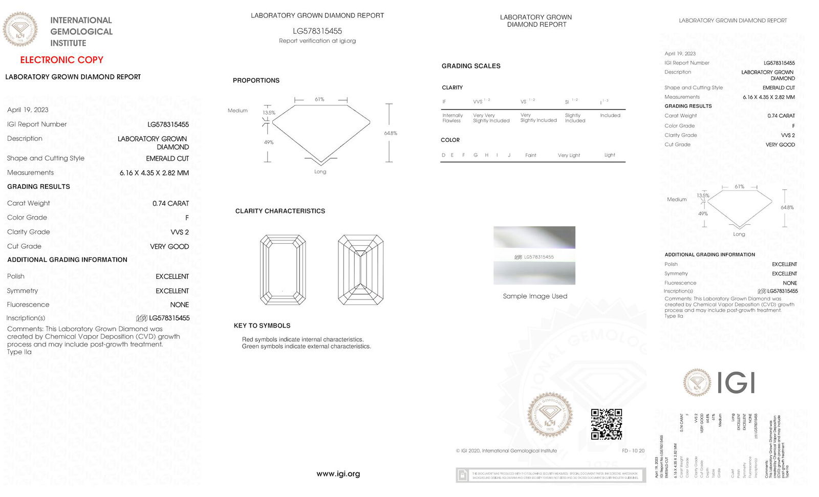 Certificate of diamond 0.74 Carat Emerald Diamond