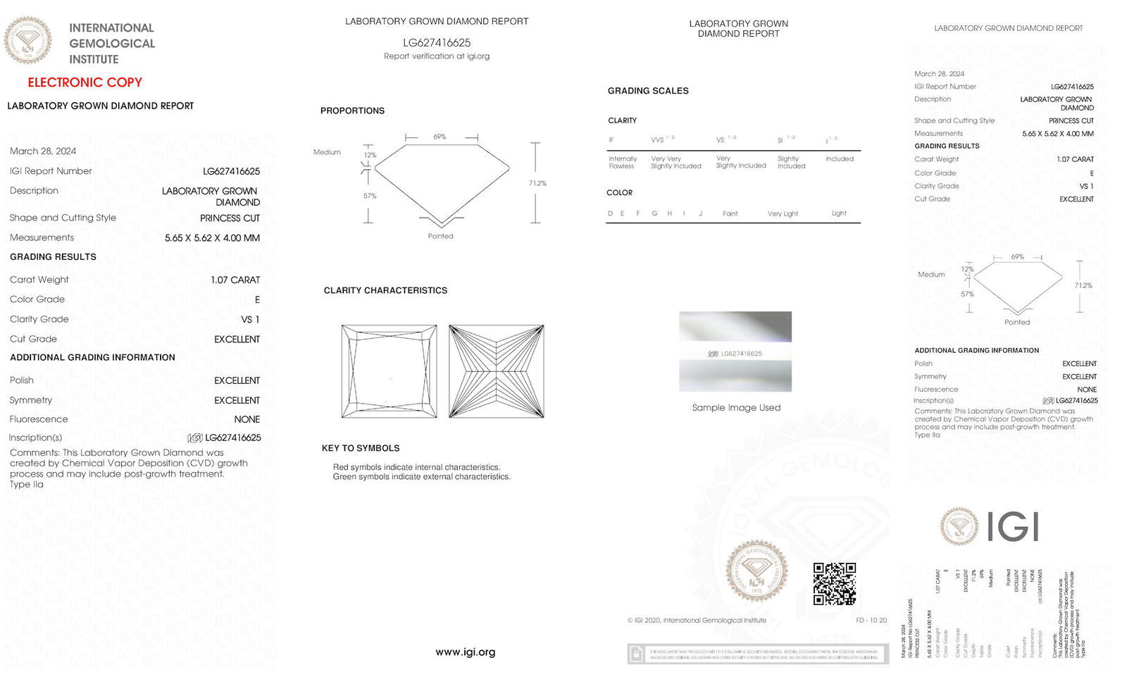 Certificate of diamond 1.07 Carat Princess Diamond