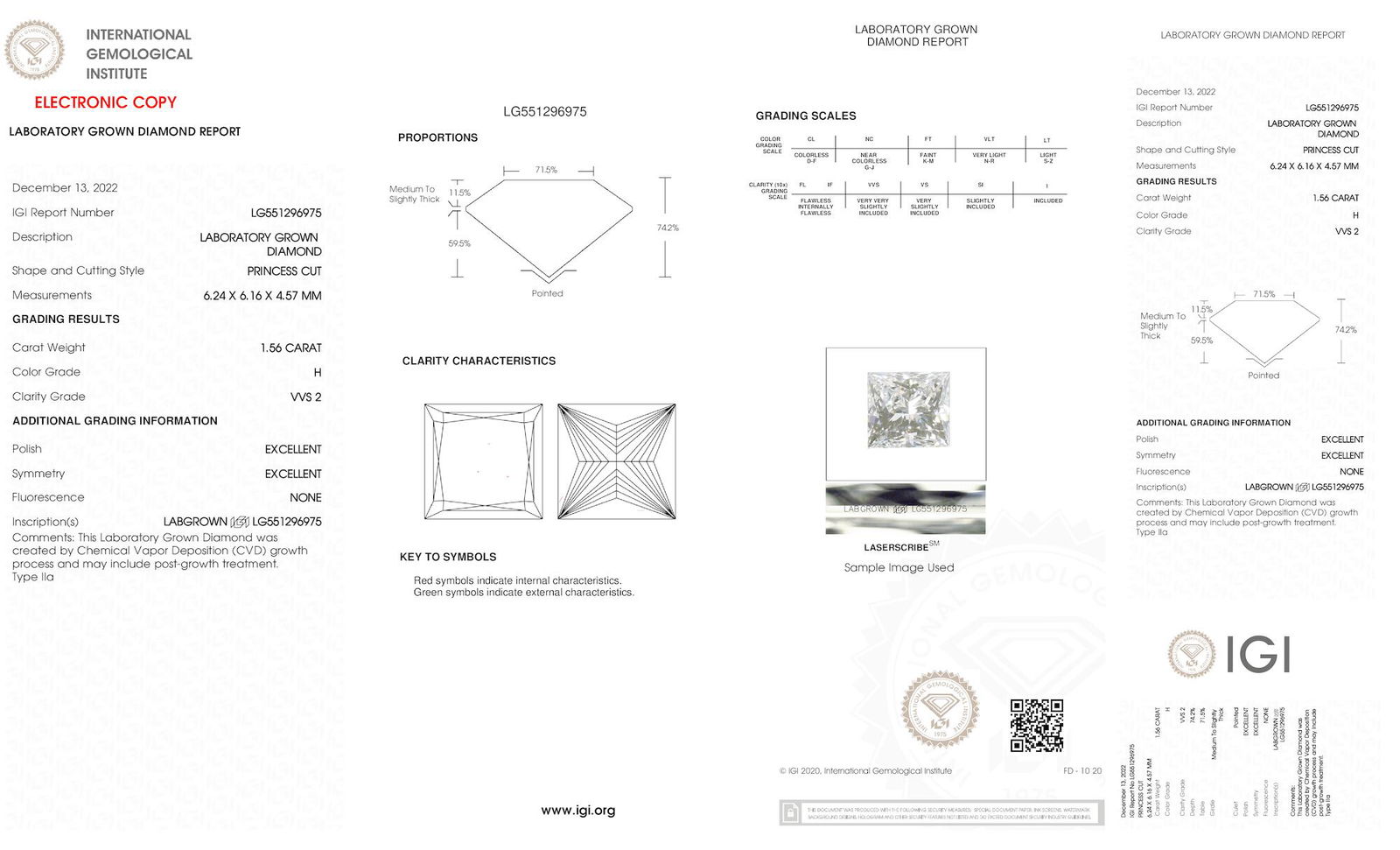 Certificate of diamond 1.56 Carat Princess Diamond
