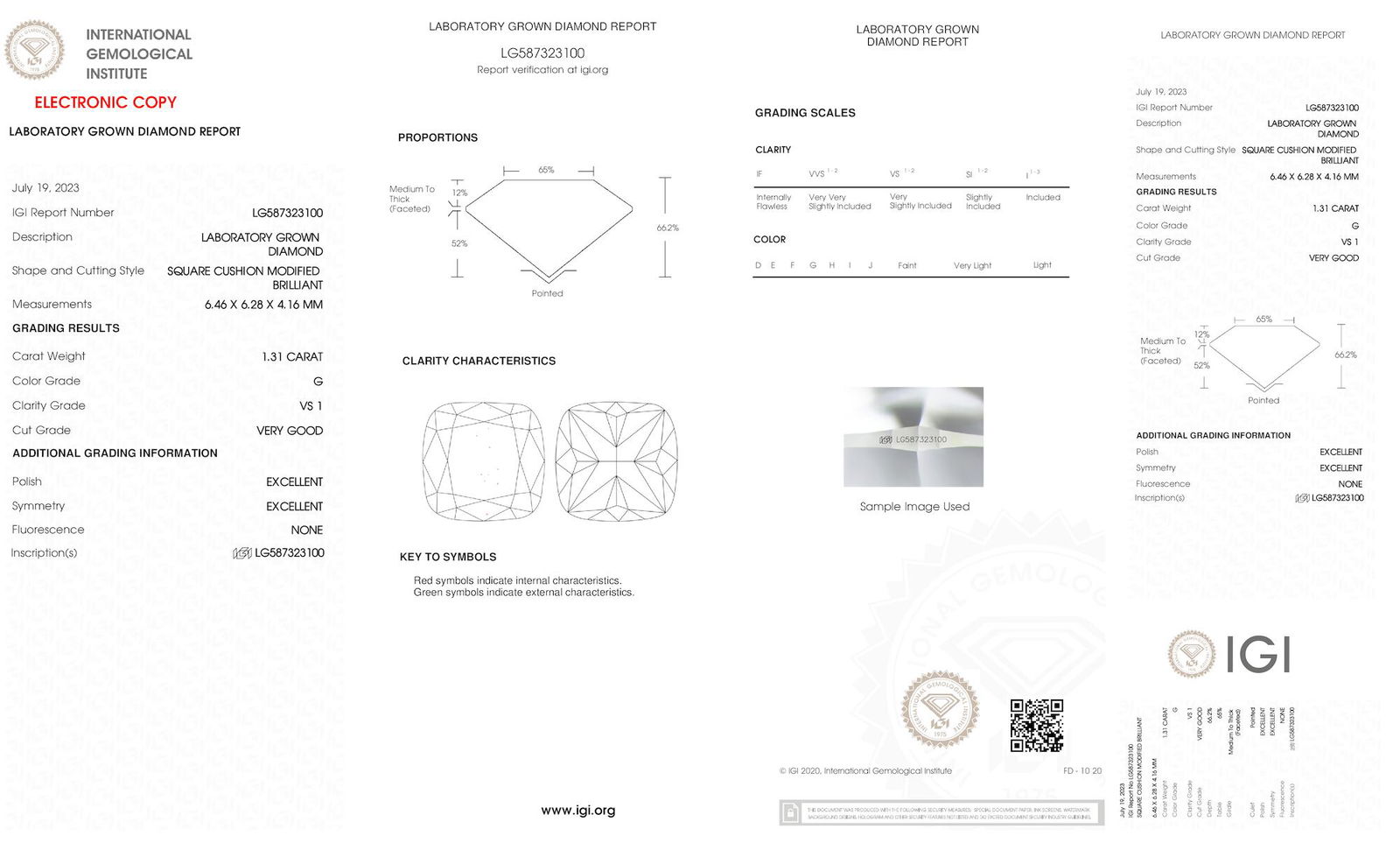 Certificate of diamond 1.31 Carat Cushion Diamond