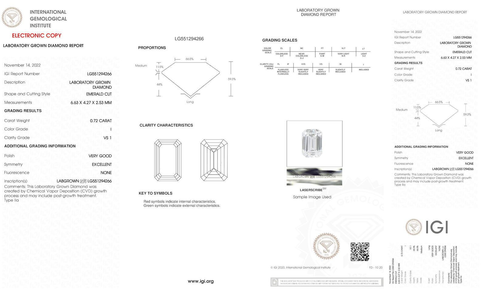 Certificate of diamond 0.72 Carat Emerald Diamond
