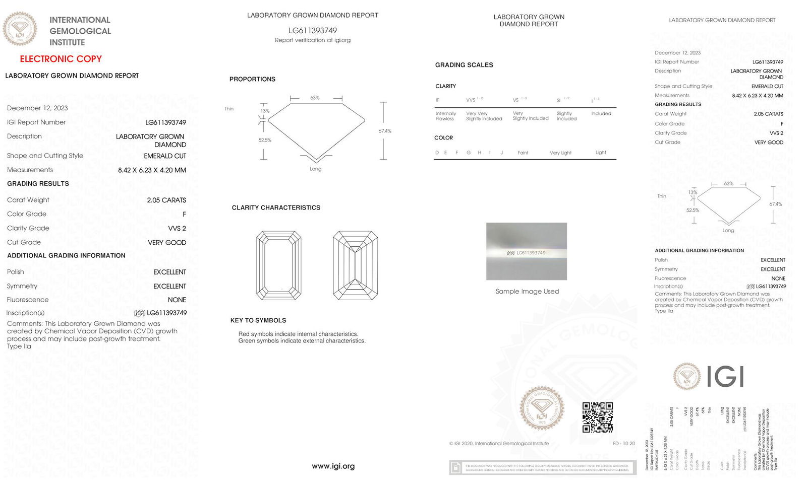 Certificate of diamond 2.05 Carat Emerald Diamond